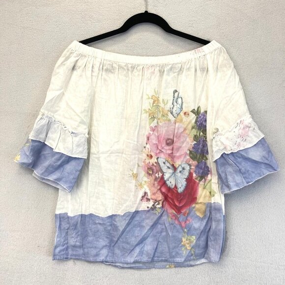 Hester & Orchard Floral Off Shoulder Top Small S Colorful Linen Blend Butterfly - Picture 2 of 10